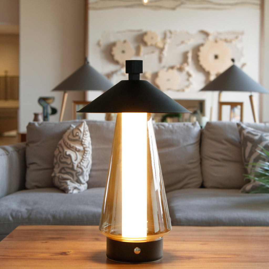 3-Way Dimmable Bedside Lamp (12"H): Umbrella-Shaped Touch Control, Grey Anodized Glass Shade (Indoor/Outdoor)