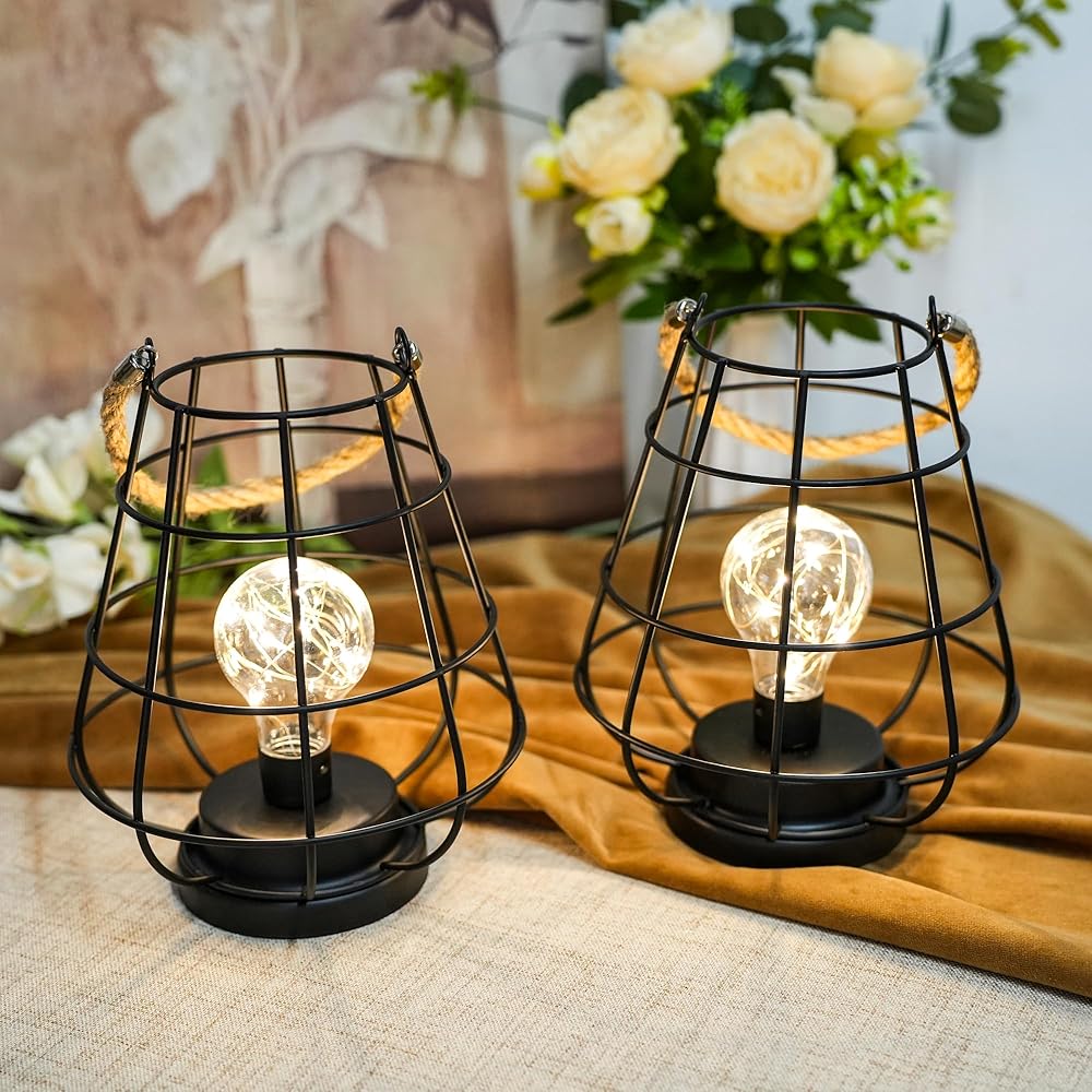 JHY DESIGN 8.5"H Cage Lantern: Decorative Table Lamp, Battery-Powered, Cordless, Warm White Fairy Lights + LED Edison Bulb (Black)