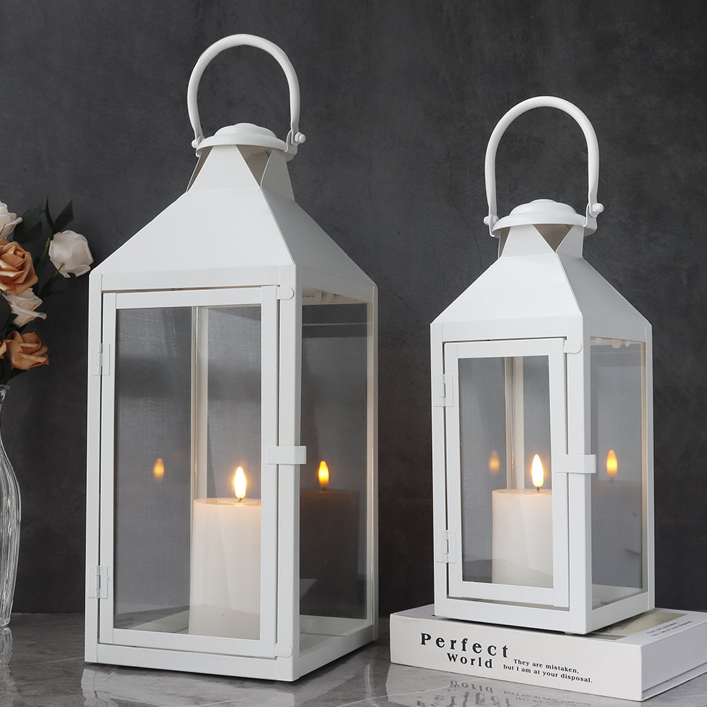 17.5"&13.5"Set of 2 Metal Candle Lanterns(White)