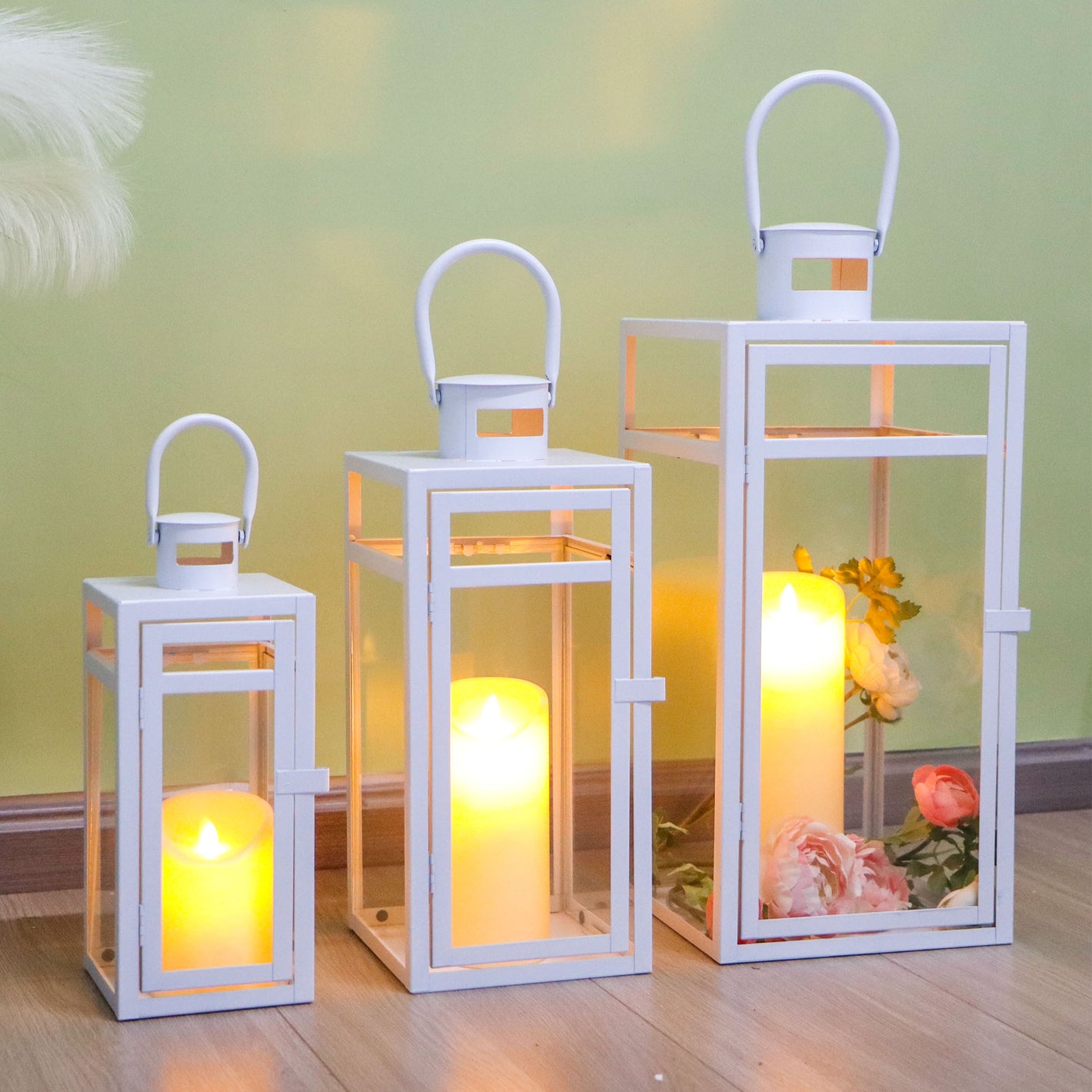 Metal Candle Lantern Set (3pcs, 12/15/19"): Tall Hanging, Tempered Panels, White (Indoor/Outdoor)