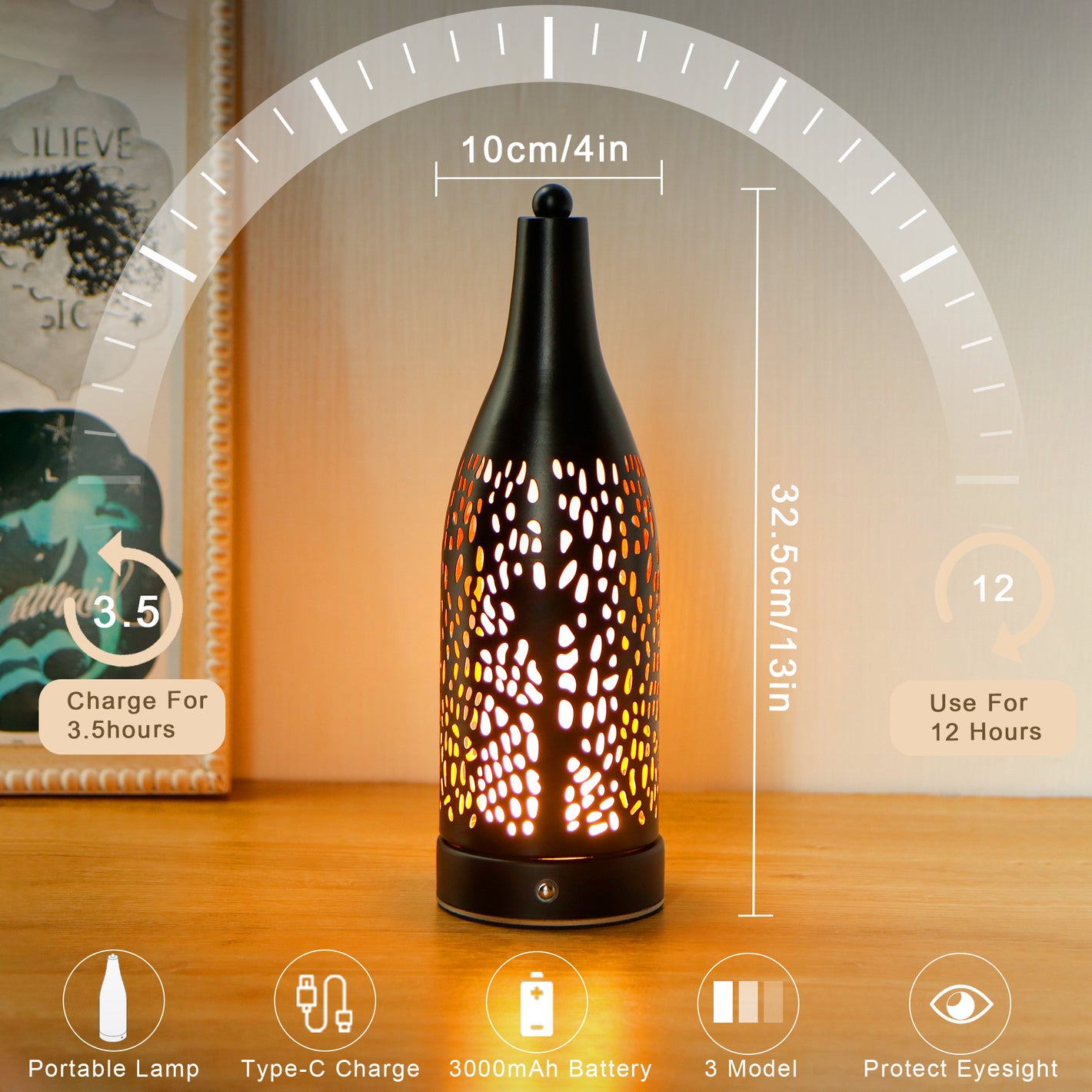 Cordless Table Lamp: 4000mAh Rechargeable, 3-Step Touch Dimmable (Cozy Lights)