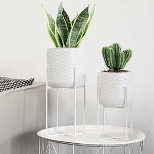 Set of 2 Planters With Stand 17&12 " Tall Flower Pots (Bright White)
