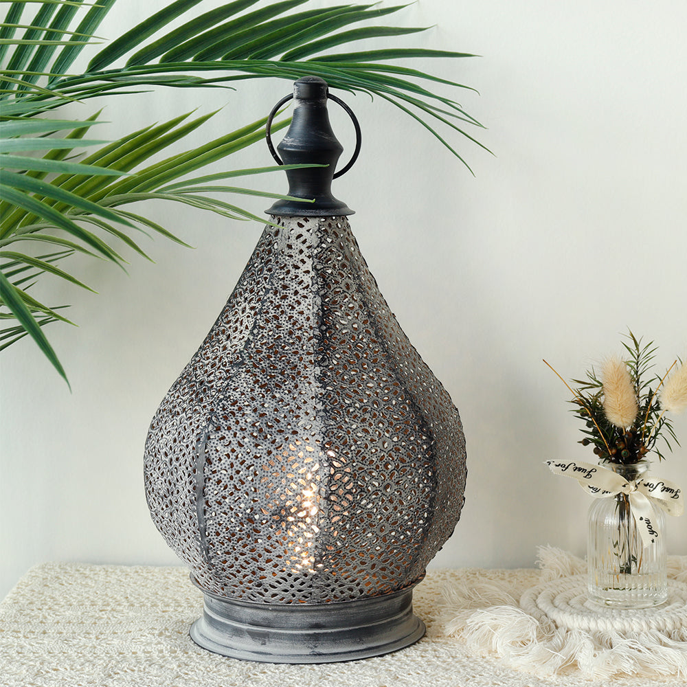 12''H Moroccan Metal Table Lamp Battery Powered Cordless Lamp with LED Fairy Lights Bulb
