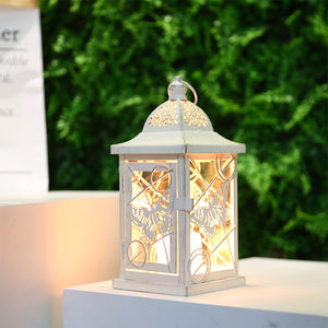 9.5” High Rustic Metal Lantern Candle Holder For Home DecorWhite With Gold Brush